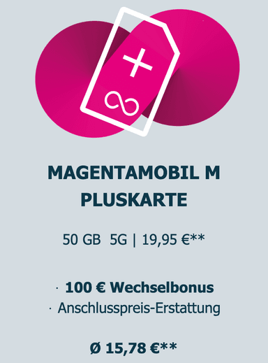 Telekom Netz, Sim Only: MagentaMobil M Pluskarte (Unlimited 5G) ohne Anschlussgebühr und mit 100€ Wechselbonus eff. 15,78€/Monat - LogiTel