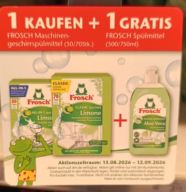 DM: FROSCH Maschinengeschirrspülmittel (50/70 Stück) kaufen und FROSCH Spülmittel (500/750ml) gratis dazu erhalten - Dm