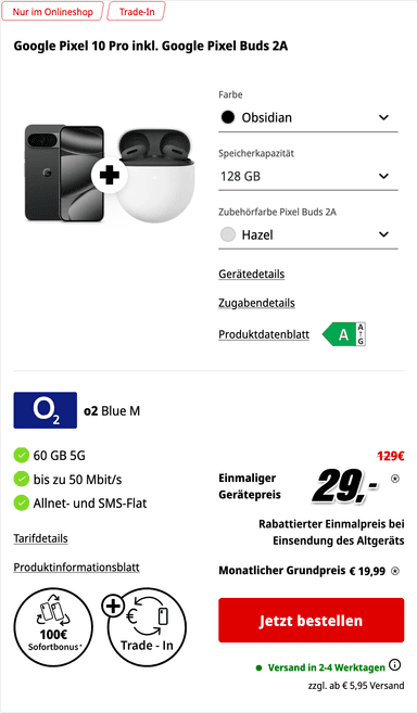 Gewinn, O2/Telekom Netz: Google Pixel 10 Pro 128GB & Buds 2A im Allnet/SMS Flat 15/60GB ab 19,98€/Monat & 1€/29€ inkl. Trade in Rabatt - Media Markt Tarifwelt