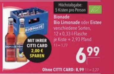 Lokal: Bionade Limonade oder Eistee verschiedene Sorten, 12 x 0,33-l-Flasche CITTI Märkte - CITTI
