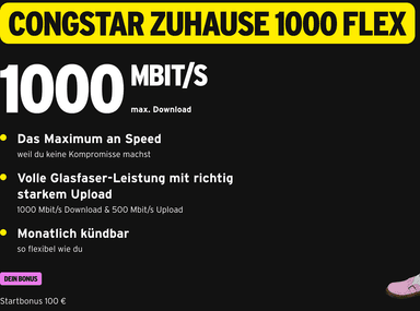 Congstar Glasfaser 1000 (1000Mbit/s download/500Mbit/s Upload) für 15€/Monat bei 2 Monaten Laufzeit - Congstar