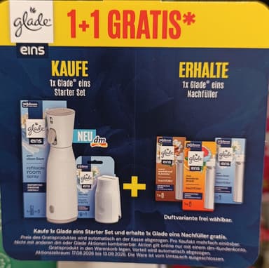 DM: KAUFE 1x Glade eins Starter Set für 3,25 Euro, ERHALTE 1x Glade eins Nachfüller im Wert von 2,95 Euro - Dm