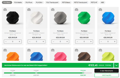 Bambu Lab Anniversary Filament Sale - Mengenrabatt ab 10,35 pro Rolle bzw PLA Pure für 11,20 - Bambu Lab