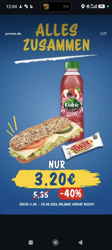 Yormas Aktion flotter 3er: belegtes Käsebaguette + Volvic Juicy + Twix white