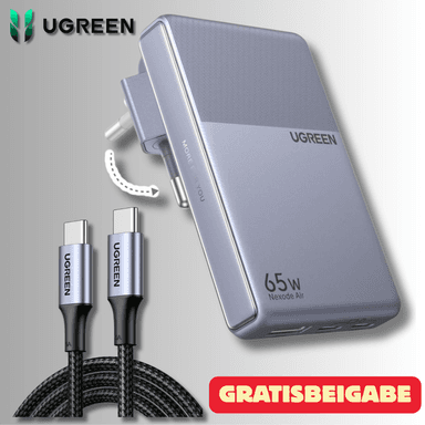 UGREEN flaches USB-C GaN Schnellladegerät mit klappbarem Stecker | 65W, 3-Ports (2x USB-C & 1x USB-A) | Gratiszugabe: 2m 100W USB-C Kabel - Amazon