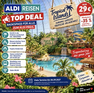 Tropical Islands Tagesticket inkl. Sauna für 29 € statt 44,90 € – viele Termine ohne Aufpreis - ALDI Onlineshop