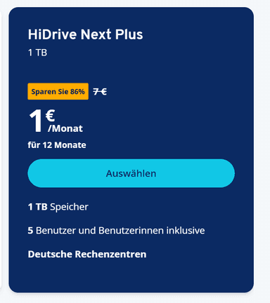 1TB CloudSpeicher HiDrive Next Plus 1TB max. 5 Benutzer (Dealpreis gilt nur für 1 Jahr) - IONOS