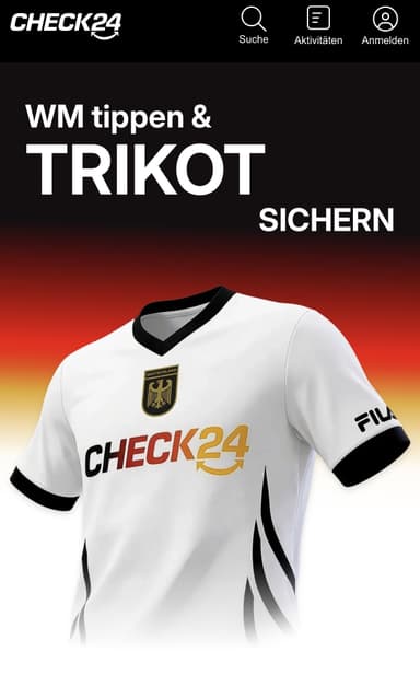 CHECK24 WM-Tippspiel | Gratis Deutschland-Trikot von FILA sichern | 2 Mio. Stück limitiert, Größen XXS-XXXL + 24 Mio. an Gewinnen - CHECK24