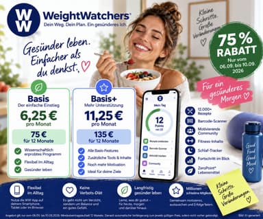 WW WeightWatchers: 12 Monate Basis ab 75 € oder Basis+ ab 135 € – 75 % Rabatt auf das Abnehmprogramm - Weight Watchers