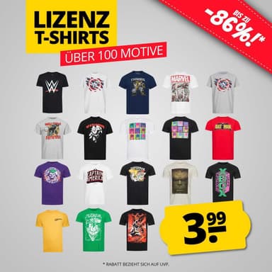 Lizenz T-Shirt Sale | über 100 Popkultur-Motive für 3,99 € + Versand | DC, Anime, Kult-Filme, Marvel und mehr | 100 % Baumwolle - SportSpar