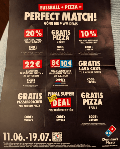 WM-Deals bei Dominos bis 19. Juli - Domino's Pizza