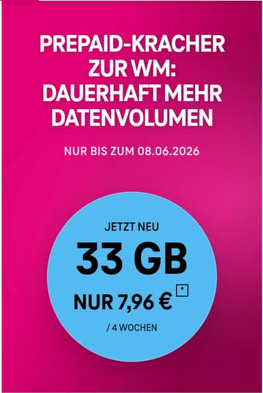 CB - Telekom Prepaid WM Aktion: Allnet/SMS Flat 33GB 5G für 7,96€/4 Wochen, Schweiz Roaming, Hotspot Flat, Daten Depot (personalisiert) - Telekom