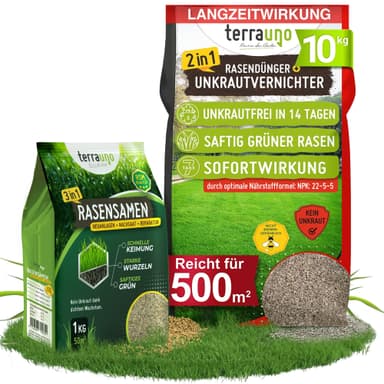 TerraUno Rasendünger mit Unkrautvernichter extra stark, 100 Tage Langzeitwirkung, 10 kg für 500 m², gegen Löwenzahn, Klee uvm. - Amazon