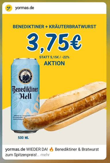 yormas: Benediktiner Hell 0,5 l + Kräuterbratwurst im Brötchen für 3,75 € statt 5,15 € - Yorma's AG