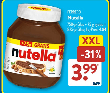 [ALDI Süd] Nutella XXL (825g Glas: 750g + 75g gratis) - ALDI SÜD