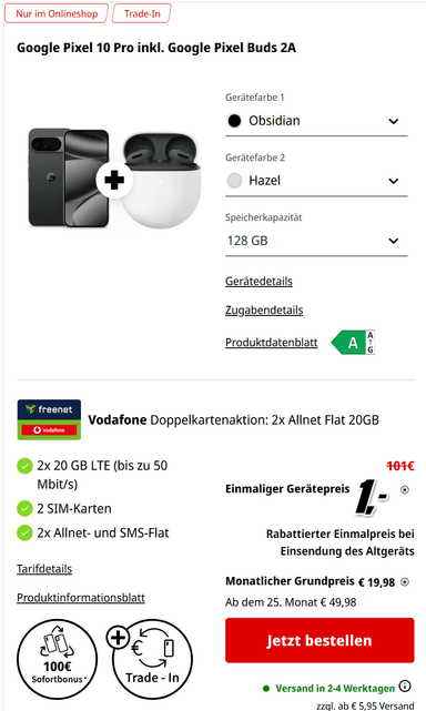 Gewinn, Vodafone Netz: Google Pixel 10 Pro & Pixel Buds 2A im Freenet Allnet/SMS Flat 40GB 5G ab 19,48€/Monat & 1€ mit Trade in - Media Markt Tarifwelt