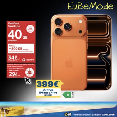 Lokal NRW, GigaKombi: Apple iPhone 17 Pro mit Allnet/SMS Flat 50GB 5G & 500GB Bonus für 29,99€/Monat & 399€, 100€ Bonus | +120€ ohne GK - Berlet