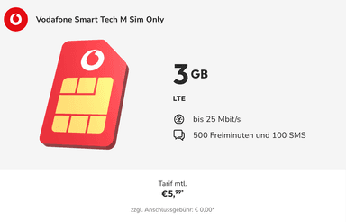 24 Monate kostenloser Smartwatch / iot Tarif: Vodafone Smart Tech M 500 Frei Minuten, 100 SMS, 3GB Daten monatlich - Sparhandy