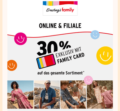 [Ernsting's Family] -30% auf ALLES* online, in der App und in den Filialen vom 26.-30.5.26 mit Family Card UND 10FACH Payback mögl. - Ernsting's Family