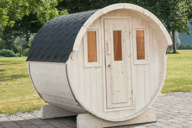 Wolff Saunafass Modell Sofie | 42mm , 200 x 230cm | Fass Sauna inkl. Ofenschutzgitter und Dacheindeckung