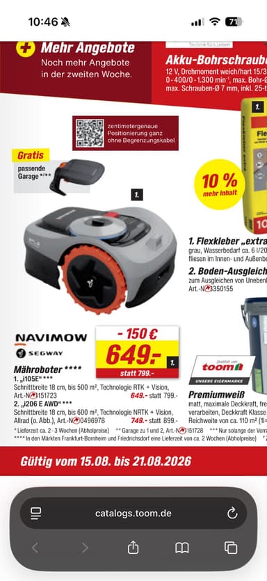 Segway Navimow i105e oder i206e über Bauhaus TPG 530€/612€ - BAUHAUS