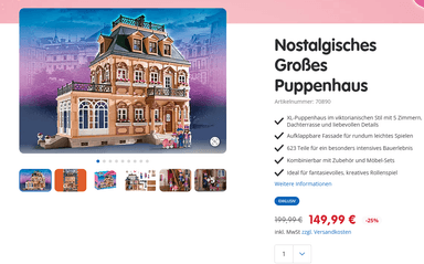 Playmobil | Kindertrag | 25% auf ausgewählte Spielsets - z.B. Nostalgisches Großes Puppenhaus 70890 - Playmobil