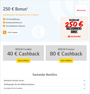 Santander Girokonto 250 € Prämie + bis zu 80 € Cashback von Web.de - WEB