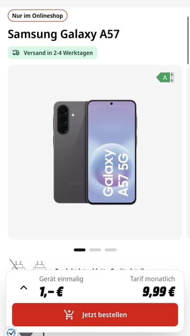 Eff. GRATIS: Samsung Galaxy A57 (128GB) für 1€ + 20GB LTE/5G Allnet im Vodafone-Netz für 9,99€/Monat + 50€ Online-Bonus (Freenet Vodafone) - Media Markt Tarifwelt