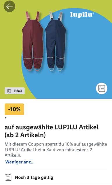 [Lidl Plus] App-Coupon 10 % auf ausgewählte LUPILU Artikel (ab 2 Artikeln) ggf. personalisiert z.B. Matsch-Overall - Lidl