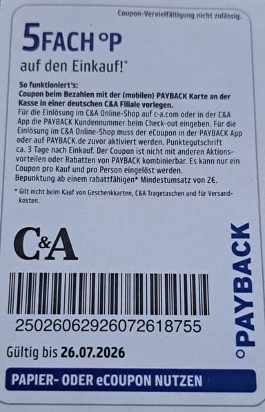 [C&A Payback] 5Fach Paybackpunkte ab 2€ Einkaufswert - PAYBACK