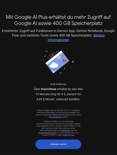 [Internshala] 1 Jahr Google One AI Gemini Plus Abonnement kostenlos erstellen (ohne Kreditkarte - mit UK Paysafecard)
