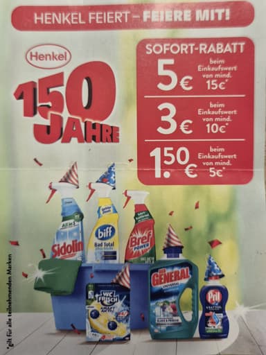 Sofortrabatt auf Henkel Produkte (Sidolin, Buffet, Brief, WC frisch, General, Pril) 1.50 ab 5€ / 3 ab 10€ / 5 ab 15€ Einkaufswert - Henkel
