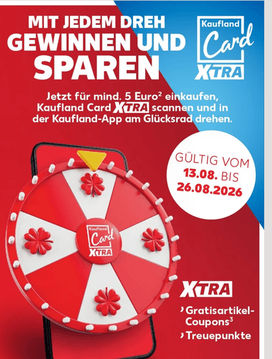 [Kaufland] Xtra Glücksrad drehen und garantiert gewinnen | z.B. Gratisartikel-Coupon oder Treuepunkte | ab 5€ MEW in der App | 13.8. - 26.8. - Kaufland