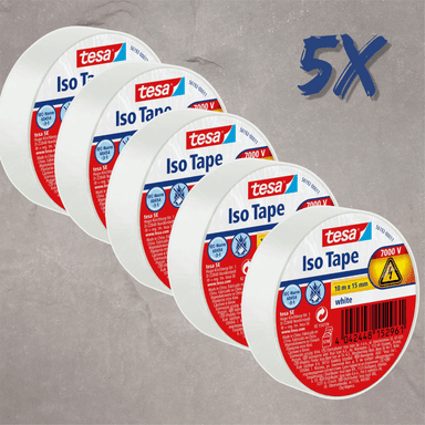 5 Stück Tesa Isolierband, 10m x 15mm Weiß | hitzebeständig, bis 6.000 Volt, IEC-zertifiziert, versandkostenfrei (eff. 0,87€/Stk.) - Amazon