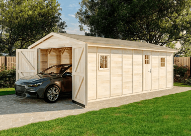 Alpholz Holzgarage 3,96 x 7,42m mit Geräteraum + Doppeltor - B-Ware // auch weitere Einzelgaragen , Sauna, Gartenhäuser im Sale - Gartenhaus
