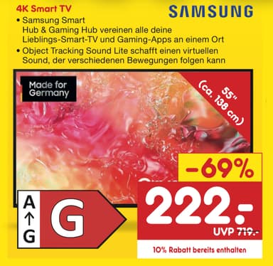 SAMSUNG 55" Crystal UHD 4K SmartTV »GU55CU6979« für 222,-€ zur Eröffnung von Netto MD - Netto Marken Discount