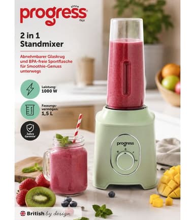 Progress 2-in-1 Standmixer & Smoothie-Maker [B-Ware] mit 1000 W, zwei Stufen, Pulsfunktion & 600 ml Sportflasche (BPA-frei) - Outlet46