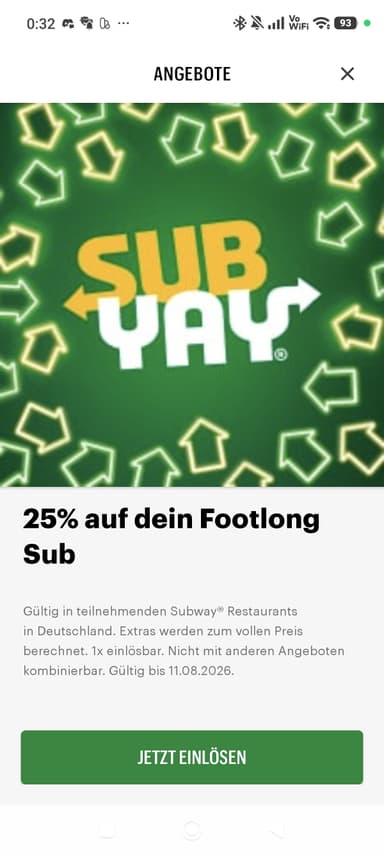 Subway: 25% Rabatt auf deinen Footlong Sub – per App/Gutschein, 1x einlösbar bis 18.08.2026 - Subway
