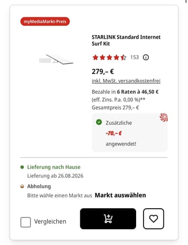 Starlink Standard Kit V4X mit Router 3, Wi-Fi 6 & 2× LAN für 279 € statt 349 € (myMediaMarkt) - MediaMarkt