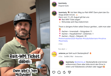 [Lokal Aachen | Mc Donalds Filialen] Gratis McSundae während der Reit WM 2026 für alle Besucher, die ein WM-Ticket vorzeigen - McDonald's