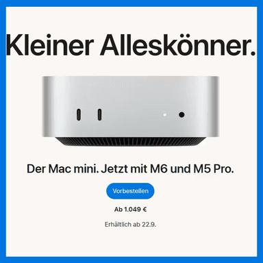 [Apple & Unidays + Corporate Benefits] Mac Mini M6 oder M5 Pro | 16GB Arbeitsspeicher | 256GB Speicher | Modell 2026 (Vorbestellung) - Apple Store