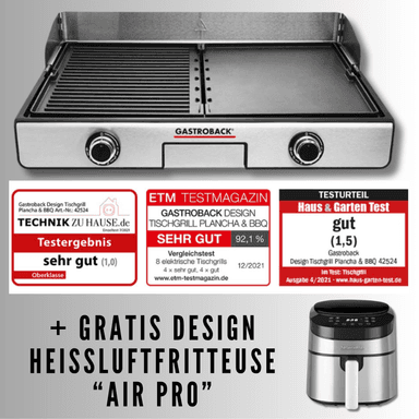 Gastroback Design Tischgrill Plancha & BBQ + gratis Air Pro Heißluftfritteuse | 2000 W, 1300 cm² große, getrennt nutzbare Grillflächen - Gastroback