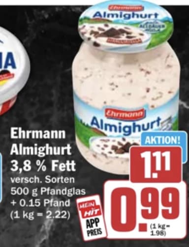 Ehrmann Almighurt 500g Joghurt 1,11€ mit HIT App 0,99€ - Hit