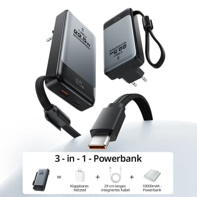 MOVESPEED 3-in-1 Powerbank | 10.000 mAh | 22,5W PD, klappbarer EU Stecker, integriertes USB-C Kabel, 2 Eingänge, 3 Ausgänge, Schnellladen - Banggood