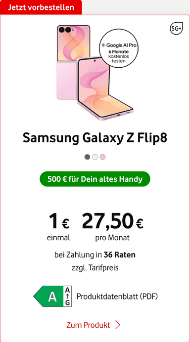 Vodafone Aktion - Samsung Galaxy Z Flip8/Fold8: Freestyle 2. Gen gratis & 500€ Trade in Bonus garantiert & 6 Monate Google Ai Pro - Vodafone