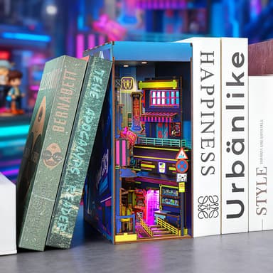 [Neukunden] OCHOICE Cyberpunk Buchnischen-Set / 3D Book Nook - Holz-Miniaturhaus | 310 Teile, inkl. LED-Beleuchtung, Aufbauzeit ca. 3-4 Std. - Alibaba
