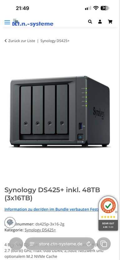 Synology DS425+ inkl. 48TB (3x16TB) Seagate EXOS Serie - C.T.N. Systeme
