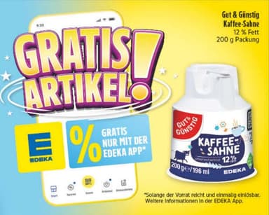 diska (Sachsen, Thüringen, Bayern) - 200 g (196 ml) Kaffee-Sahne (gut & günstig) GRATIS - via EDEKA App - Diska