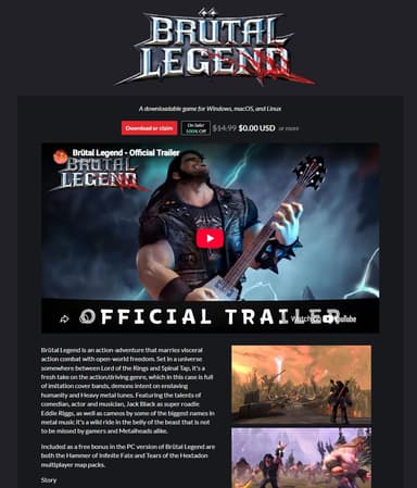 [PC, macOS, Ubuntu] Brutal Legend ~666 Minuten kostenlos auf Itchio (zu Ehren von Tim Curry) - Itch