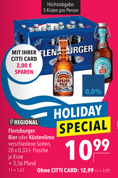 Flensburger Bier oder Küstenlimo; Kasten 20 x 0,33 Liter, verschied. Sorten, für 10,99 Euro [Citti Märkte KI, HL, FL / Markant] (SH/MV) - CITTI